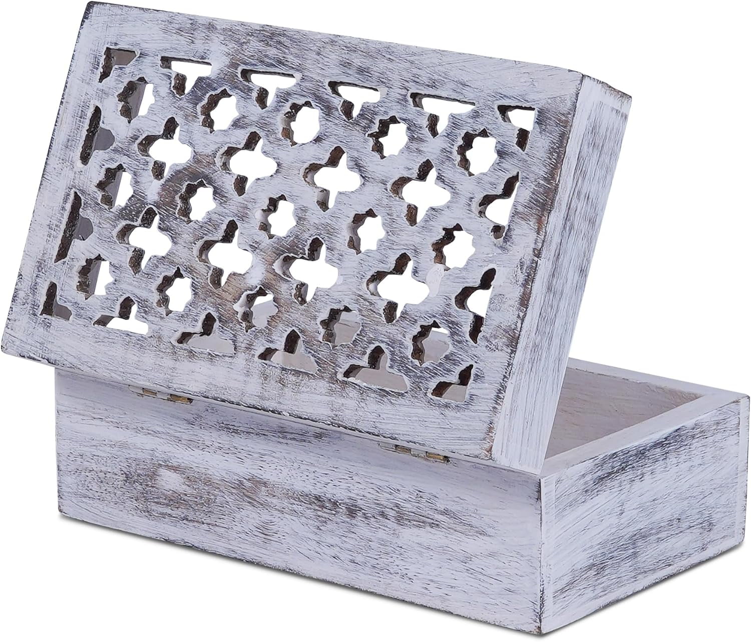 Decorative Distressed White Mango Wood Box with Lid - "Trellis" Medium Keepsake Box - Handmade Decorative Box with Lid for Use As Memory Box, Jewelry Box, Photo Storage Box, & More - 7.5"x"4.5"x3"