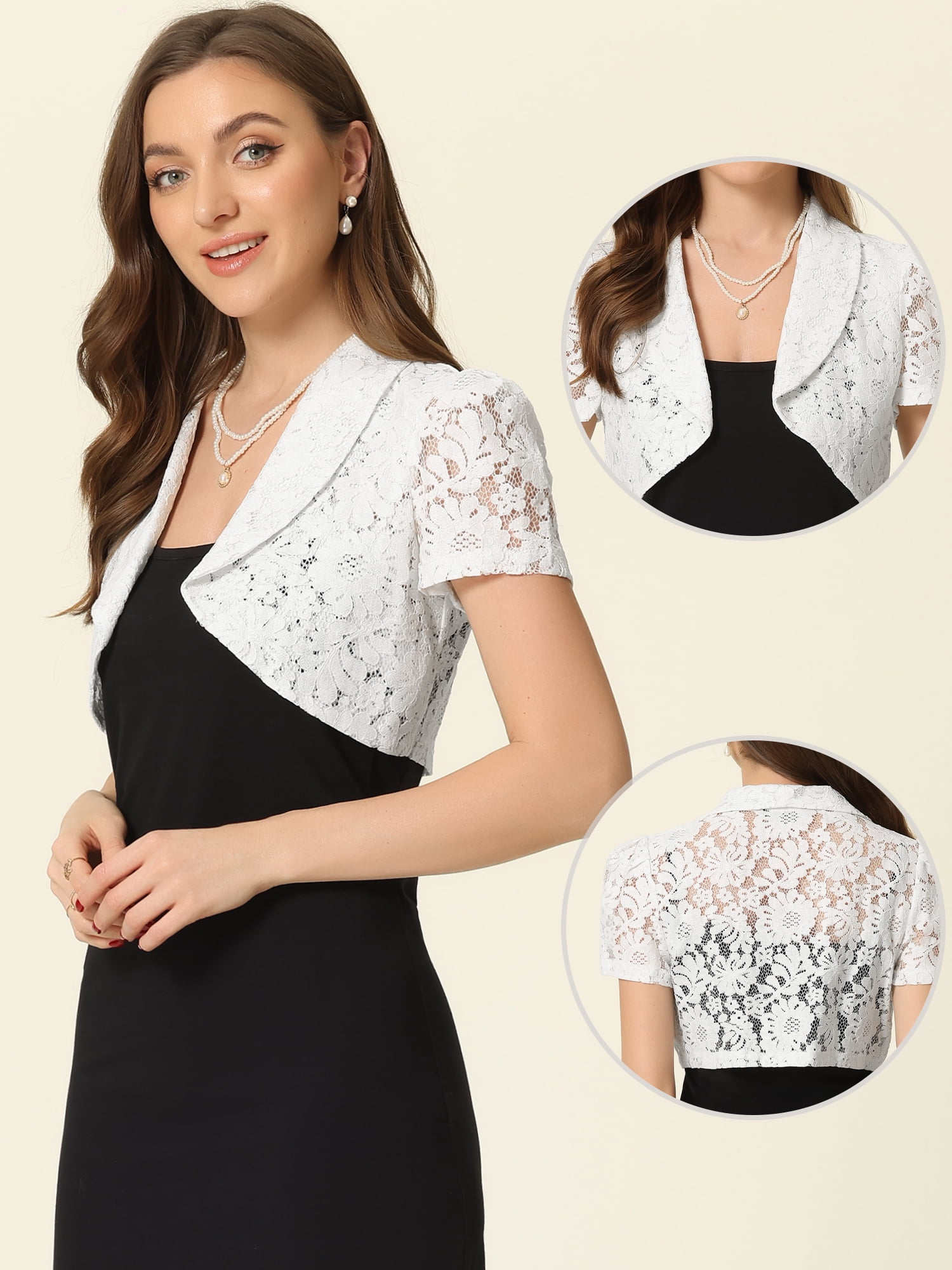 Unique Bargains Floral Lace Shrug for Women's Lapel Collar Short Sleeves Bolero Cardigan S White