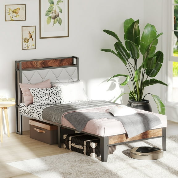 GIANNA Twin Bed Frame with Headboard, Underbed Storage, Built-in Charging Ports, Sturdy Noiseless Design, Tool-Free Assembly, No Box Spring Needed