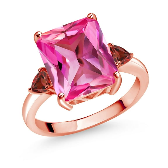 Gem Stone King 7.00 Ct Octagon Pink Created Sapphire Red Garnet 18K Rose Gold Plated Silver 3-Stone Women Engagement Ring (Size 8)