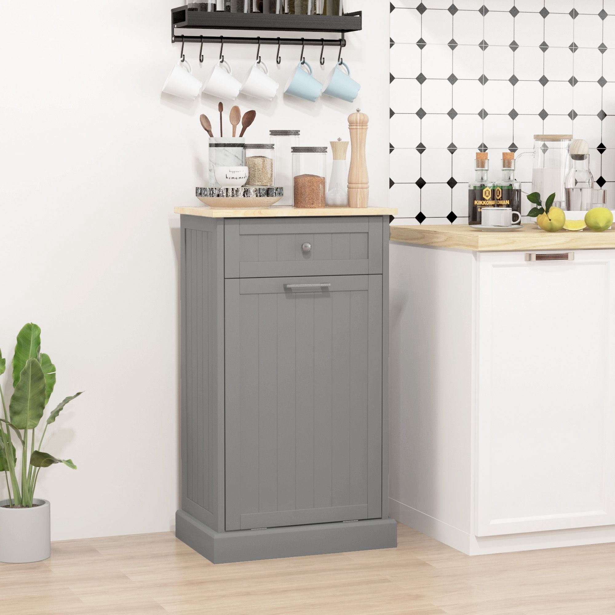 Tilt Out Trash Bin Cabinet with Drawer, Freestanding Recycling Can Holder, MDF and Wood, 20 in Wide, 10 Gallon Capacity, for Kitchen or Laundry Room
