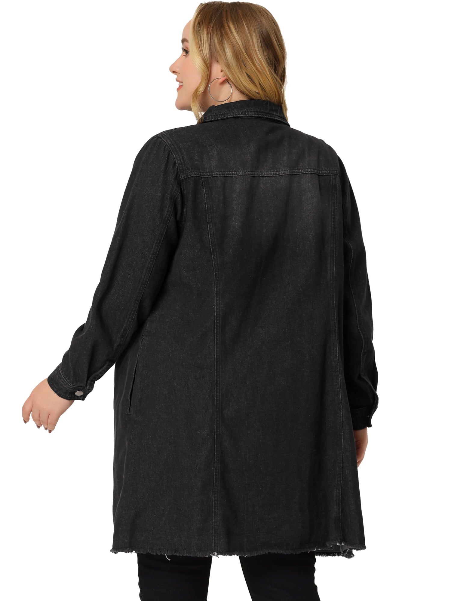 DARING DIVA Women's Plus Size Long Distressed Button Up Denim Jacket 6X Black