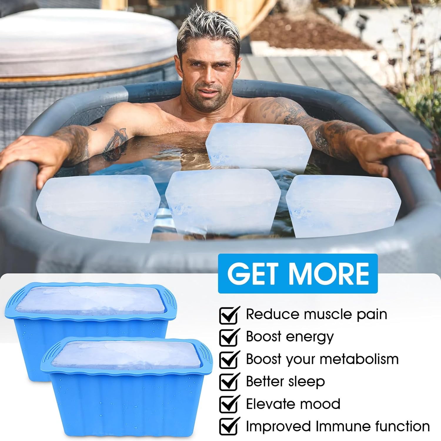 6PCLarge Ice Cube Molds 38LB Ice Bath Water Chiller Giant Ice Block Molds Silicone Ice Block Maker For Home, Thicker Big Ice Cube Tray Reusable Athletes Cold Plunge Accessories,Blue+Orange