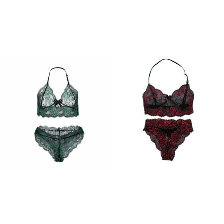(2-Pack) 2025 New Womeny Sheer Floral Womens Bodysuit Lace Pajamas Set Moss Maternity Robe High Waist Sleepwear Bra Push Up Bras for Women and Panty 2 Piece Nightwear S Xxl