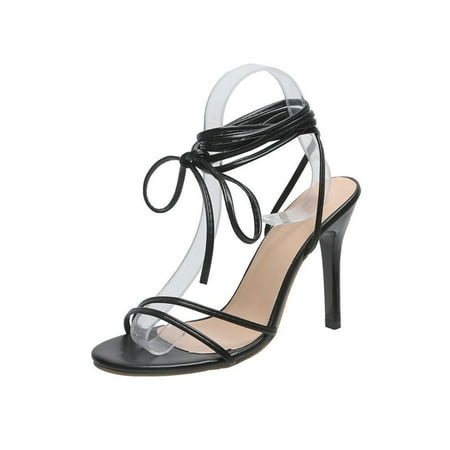 

Rotosw Ladies Sandals Stiletto Dress Shoes Summer Strappy Sandal Fashion Lace Up Pumps Work Sexy High Heels Black 4.5