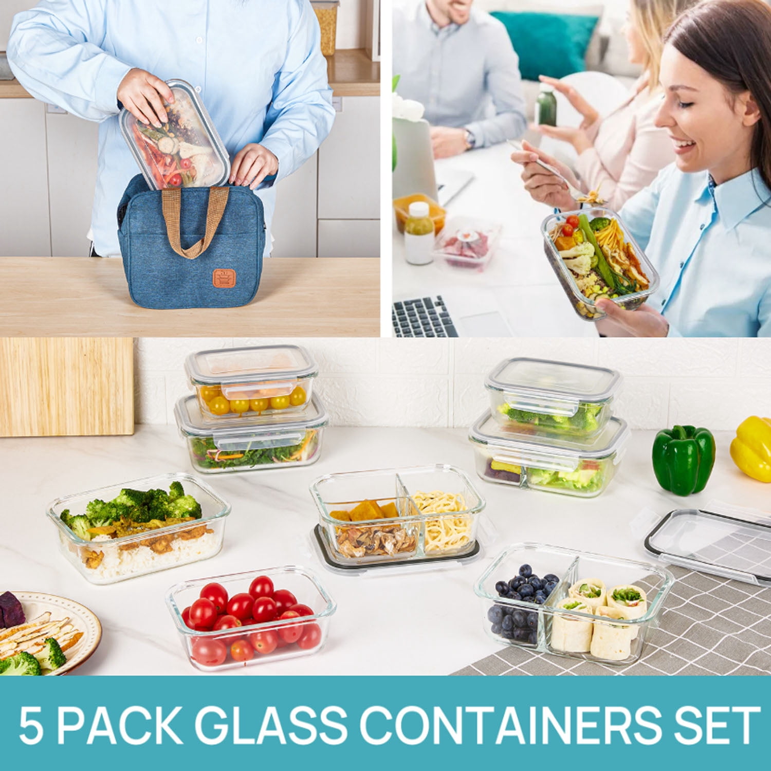 Meikd 5-Piece 35-Ounce Glass Food Storage Container Set (with Lids) Food-Grade Glass Storage Containers Airtight & Reusable Lunch Box Set Safe for Oven, Microwave, Freezer, and Dishwasher Use