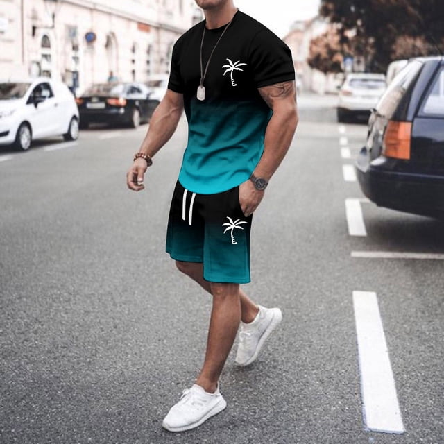 Men's Suits Smart Casual Track Suit for Summer 2025 Performance Modern Color Block Design Adjustable Waist Short Sleeve O Neck Athletic Set