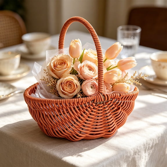 Handheld Woven Gift Basket, Small Flower Container, Holiday Storage Tote, Compact Portable Size and Sturdy Handwoven Handle for Gift Presentations, Wedding Favors and Spring Displays.