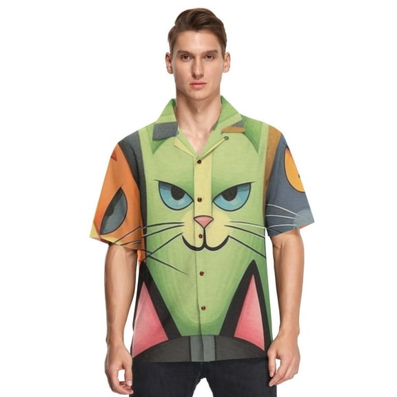 Cats Faces Men's Hawaiian Wrinkle Free Button Down Short Sleeve Shirt Casual Shirts Beach Shirts