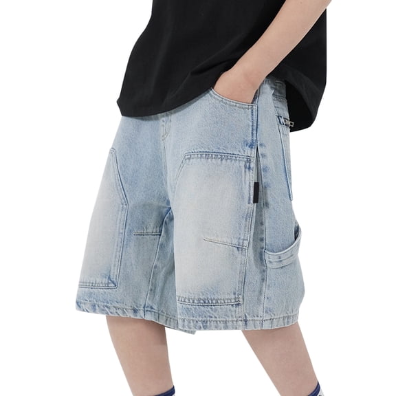 KAUOD Teen Boys Baggy Denim Shorts Wide Leg Knee Length Cargo Jeans Pockets Hip Hop Skateboard Y2k Jorts Summer Shorts for Kids