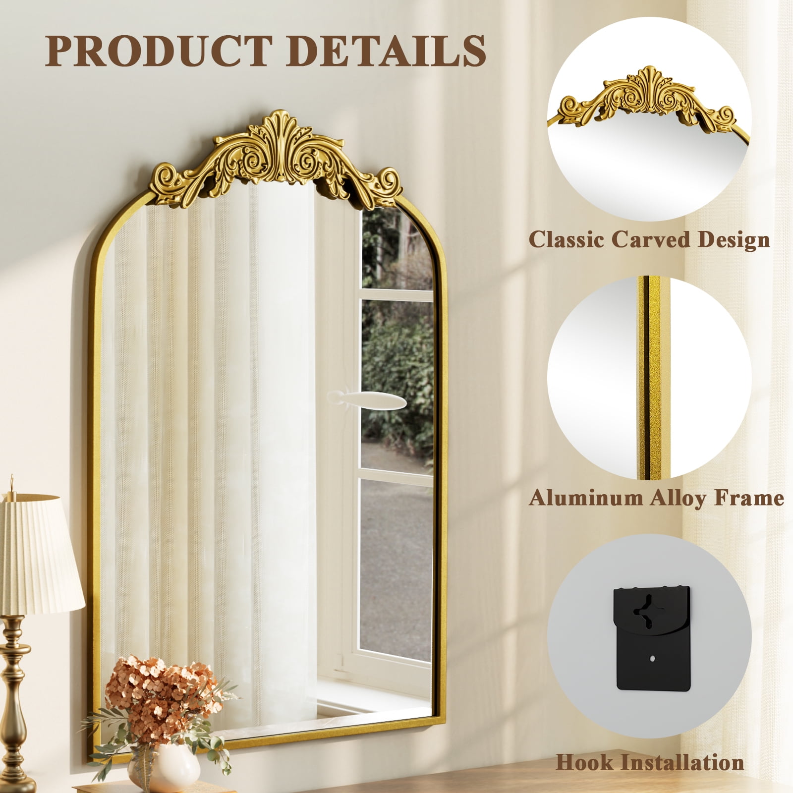 SHATTERVIEW 24"x36" Arched Wall Mirror Vintage Bathroom Mirror, Gold