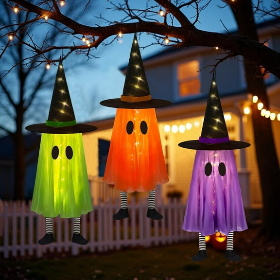 XH Halloween Decorations Outdoor, 3 Packs Hanging Ghost Halloween Decor with String Lights Battery Operated, Ghost Decor with with Hat for Home Yard Porch