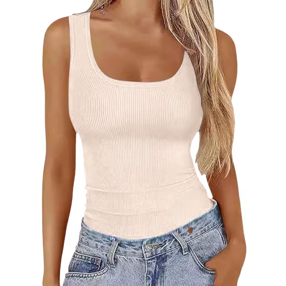 Gsakboxl Womens Summer Tops Women Square Neck Ribbed Knit Cropped Sleeveless Tank Top Trendy Slim Fit Summer Casual Basic Tee Camisole Beige L