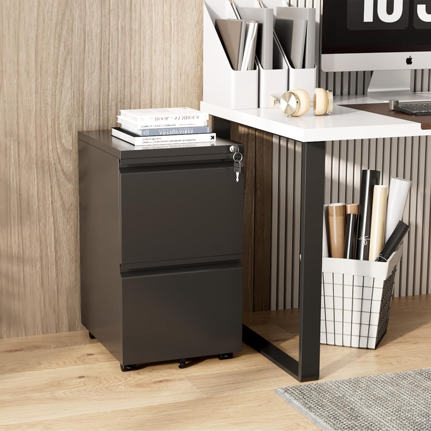 SOLAURA 2 Drawer File Cabinet with Wheels & Lock, Metal Rolling File Cabinet, Under Desk Mobile Filing Cabinet  for Office, Fits Legal/Letter/A4 Size(Unassembled, Black)