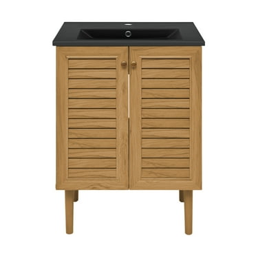 Bron 24 in. Brown Oak Bathroom Vanity With Black Ceramic Sink Top