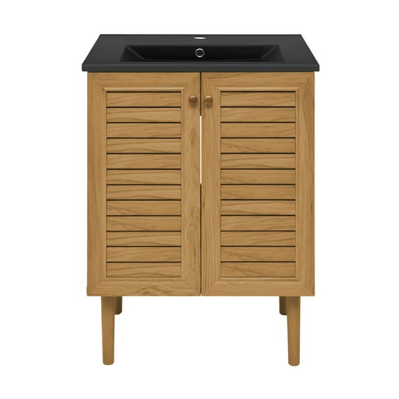 Bron 24 in. Brown Oak Bathroom Vanity With Black Ceramic Sink Top