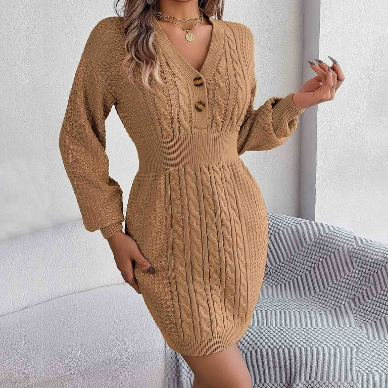 HJYCHN Women Long V Neck Button Front Stretch Knit Striped Sweater Dress  for Everyday Comfort and Style Khaki M - Walmart.com
