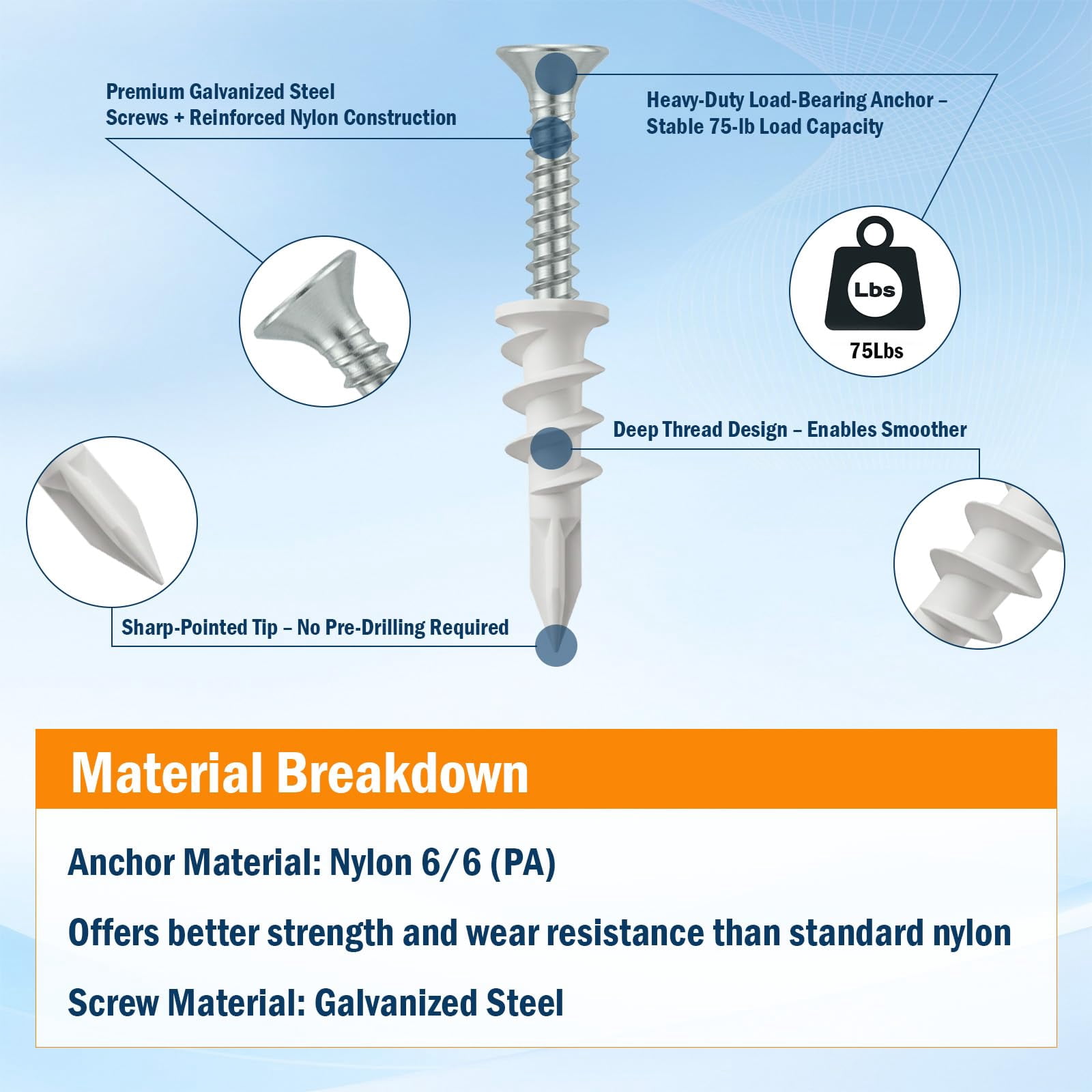 352pcs Self-Drilling Drywall Anchors and Screws Kit, 9 Different Assorted Size, Include Nylon Plastic Wall Anchors,Galvanized Steel Anchors, Screws, Hollow Door Anchors, Holds Up to 75lbs