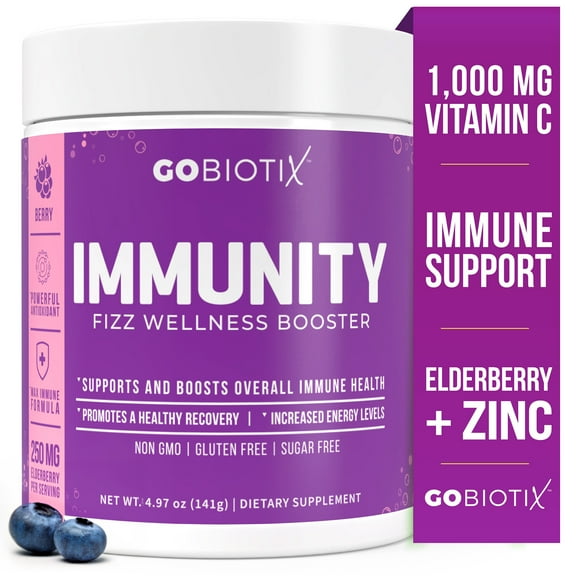 GoBiotix Immunity Fizz Drink with Vitamin C, Zinc & Elderberry for Immune Support, Berry, 30 Servings