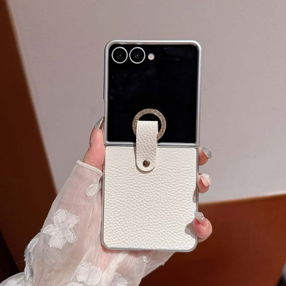 for Samsung Galaxy Z Flip 7 FE / Z Flip 6 Case, Lychee Texture PU Leather Case with Metal Ring Buckle, Girls Women Slim Shockproof Protection Cover with Diamond Ring Grip, White