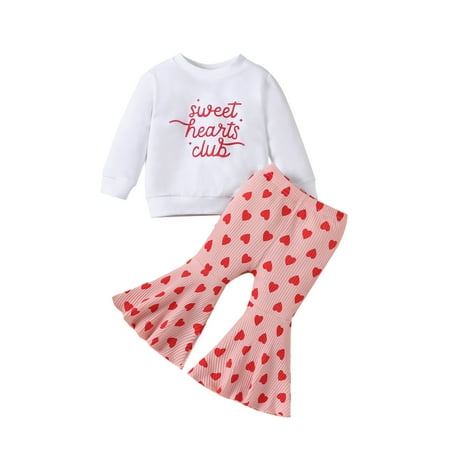 

OAUP Toddler Girls Outfit Sets Long Sleeve Valentine Day Letter Print T Shirt Pullover Tops Bell Bottoms Pants Outfits Fall Casual Trendy Outfit 3-5Y