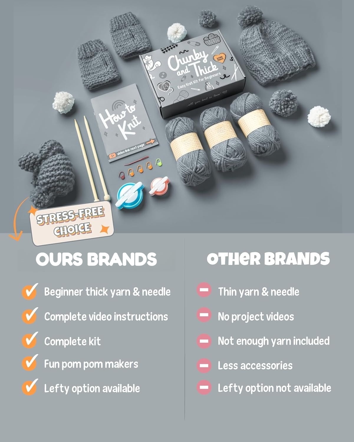 Complete Knitting Kit for Beginners - Includes Thick Yarn, Bamboo Needles, Video Tutorials & Guide to Learn How to Knit
