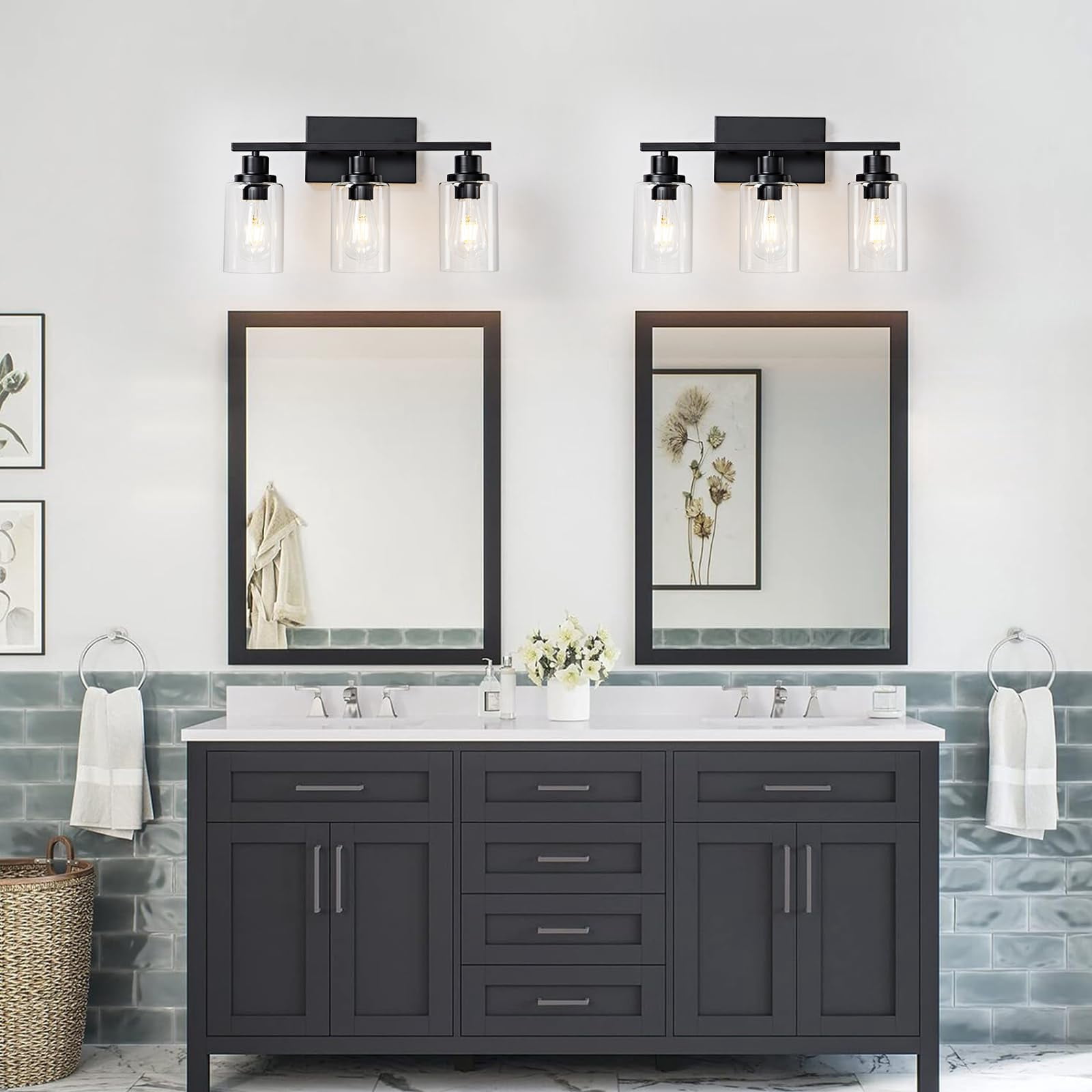 3 Light Bathroom Fixtures Black Vanity Over Mirror Modern Farmhouse Wall Lighting Sconces Rustic Industrial Lamp For  Bedroom Living Room E26 Socket With Glass Shade