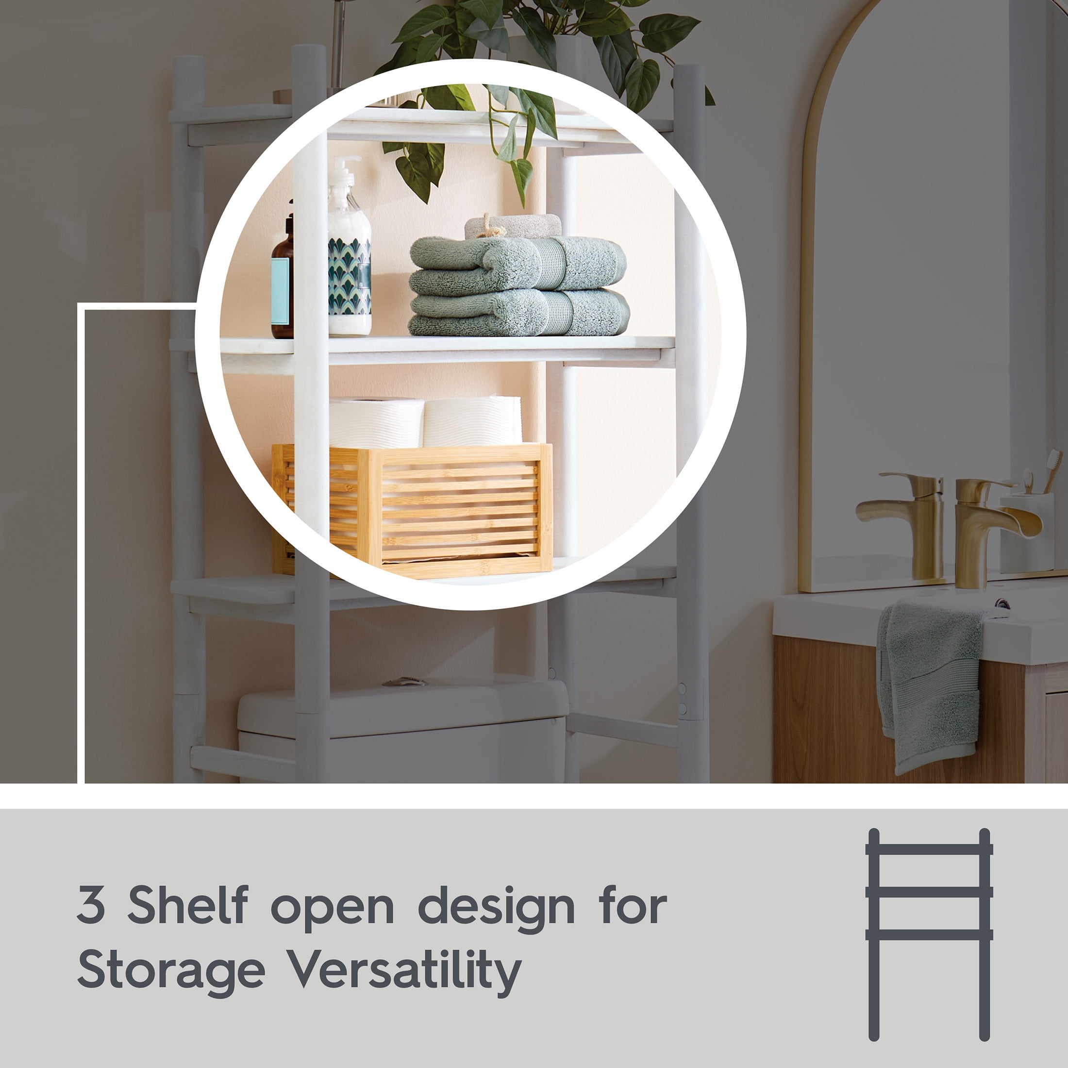 Better Homes & Gardens Springwood Acacia Wood over-the-Toilet Space Saver Cabinet, 3 Shelves, White