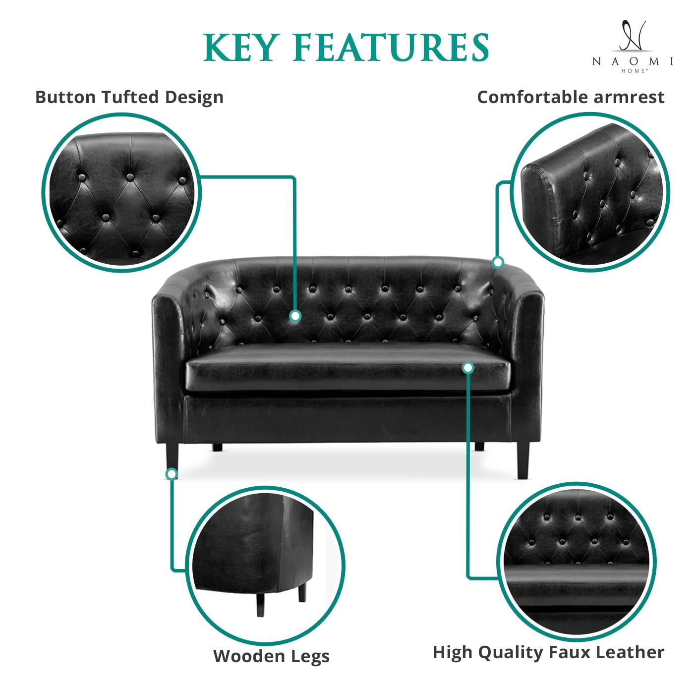Naomi Home, Emma, Button Tufted Faux Leather Barrel Loveseat, Mid-Century Modern 2-Seater Couch – Black