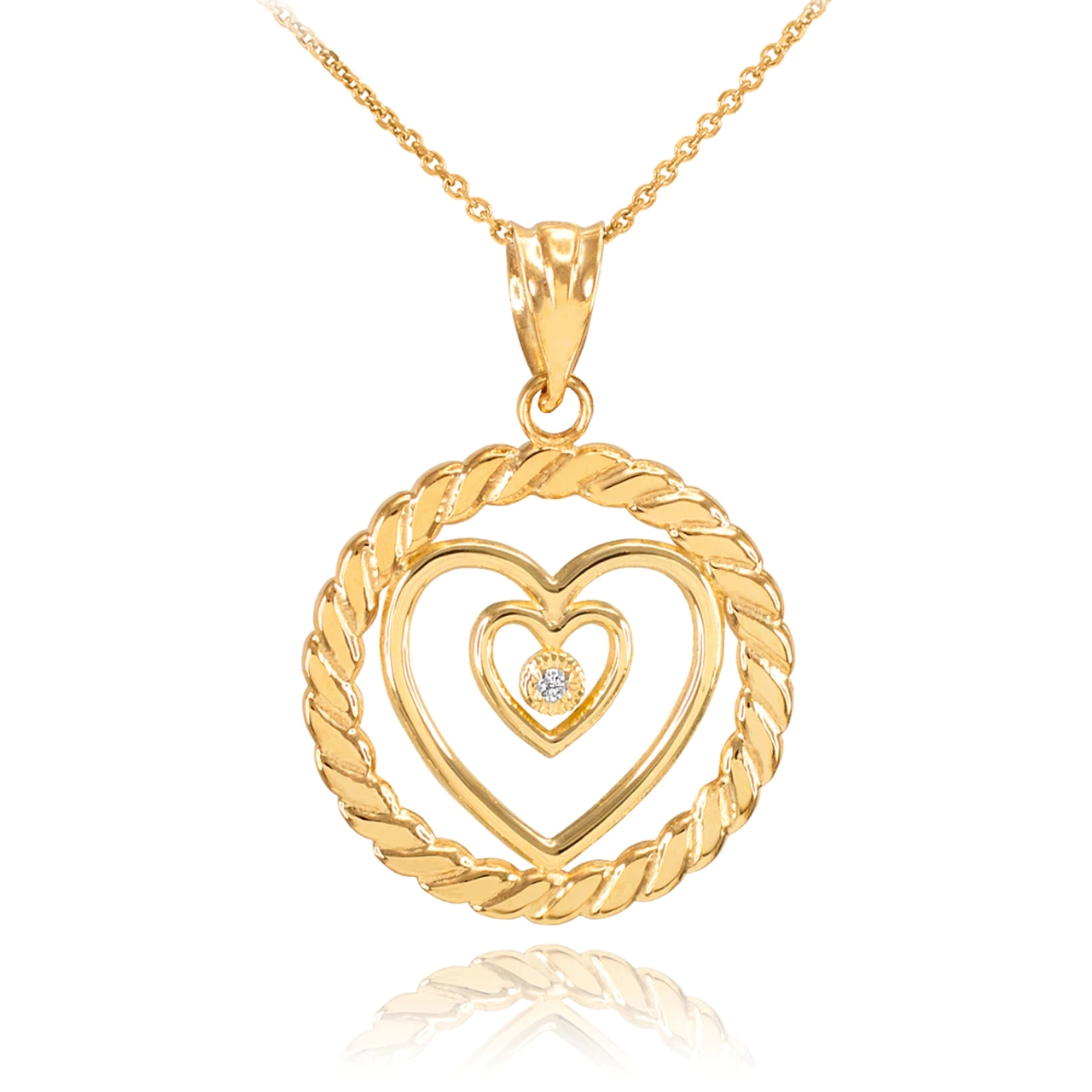 Gold Roped Circle Double Heart with Diamond Pendant Necklace
