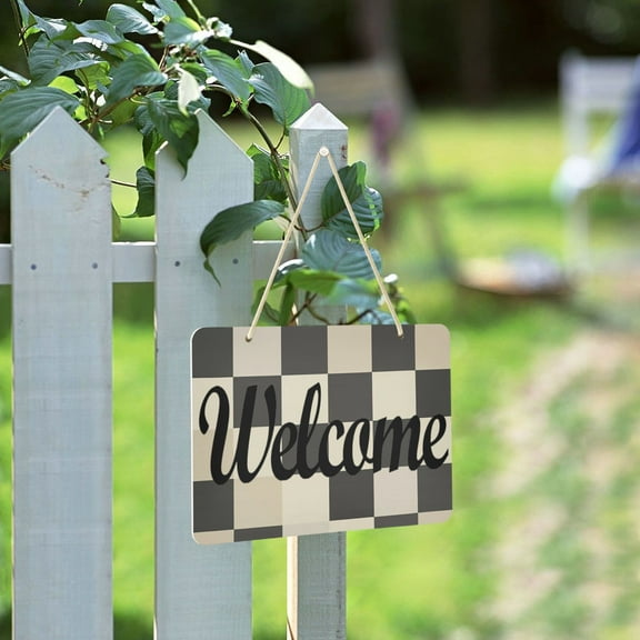 Checkerboard Pattern Welcome Sign for Front Door Porch Wreath Door Sign Home Decoration Rustic Farmhouse Style