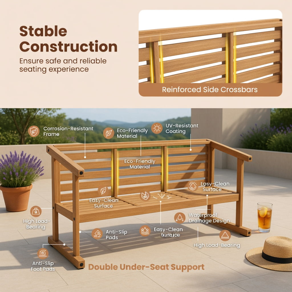 Hommoo Teak Wood Outdoor Patio Bench, 3-Seat Garden Bench with Armrests, Ergonomic Backrest & Heavy-Duty Support for Porch, Balcony & Backyard, Natural