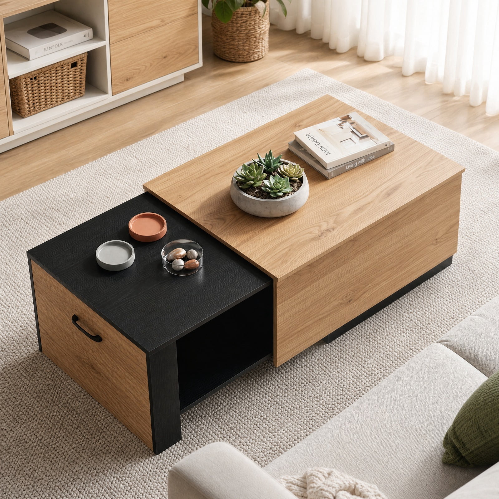 Furnibear Extendable 2-Tier Coffee Table with Concealed Storage Compartment and Bottom Shelf for Living Room and Small Space, Natural
