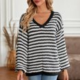 thumbnail image 1 of Jersey para mujer jersey cálido suéter clásico a rayas simples traje de vacaciones con cuello en V, 1 of 8