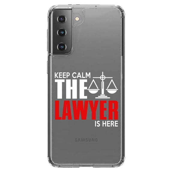 DistinctInk Clear Shockproof Hybrid Case for Galaxy S21 5G (6.2" Screen) - TPU Bumper Acrylic Back Tempered Glass Screen Protector - Keep Calm The Lawyer Is Here
