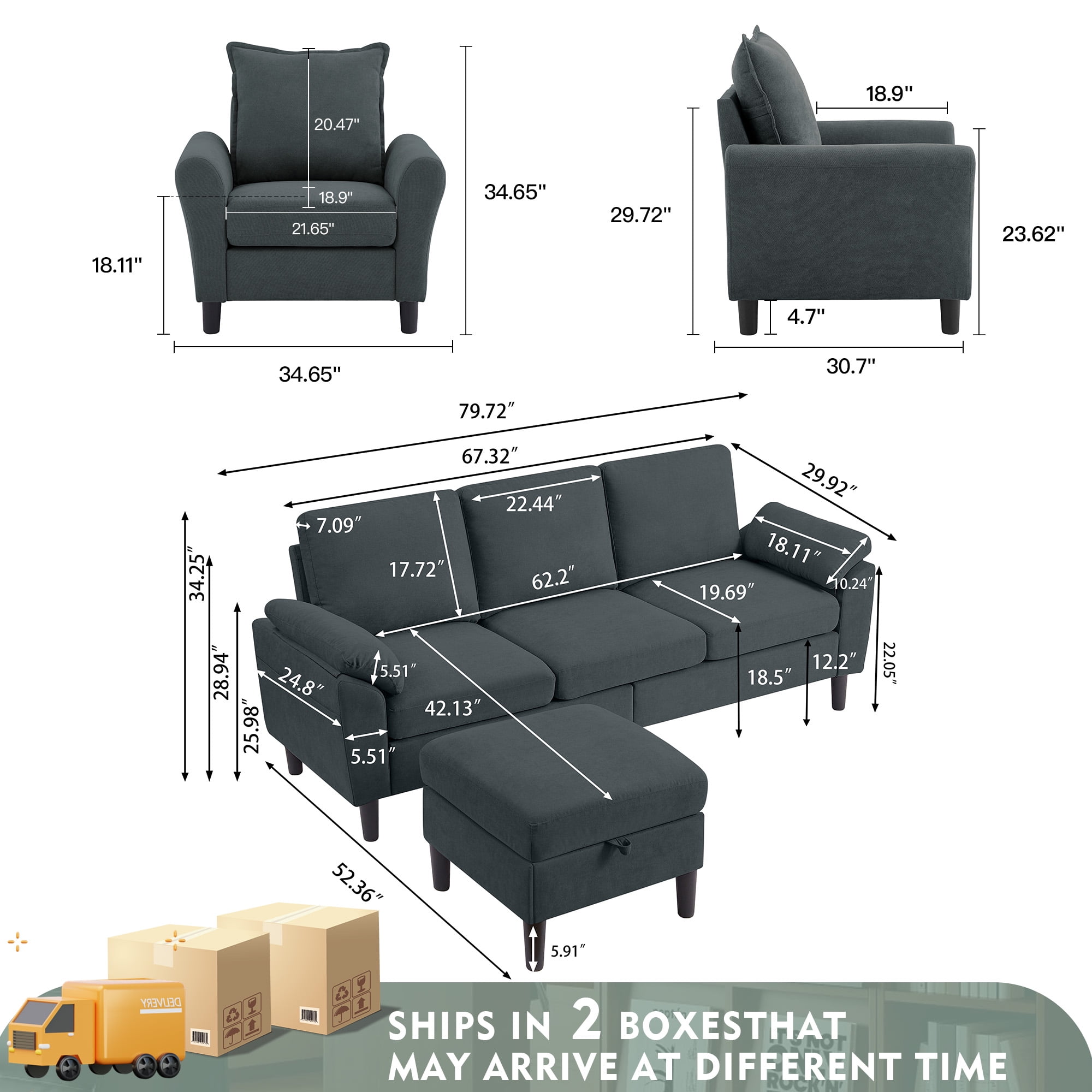 Tornama Modern Linen Convertible L Shaped Sectional Sofa Set, Dark Gray