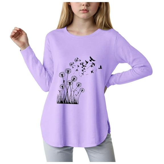 Povozer Girls Shirts Long Sleeve Fashion Girls Casual Long Sleeve T Shirts Kids Crewneck Tops Fashion Tees for 11-12 Years,Purple