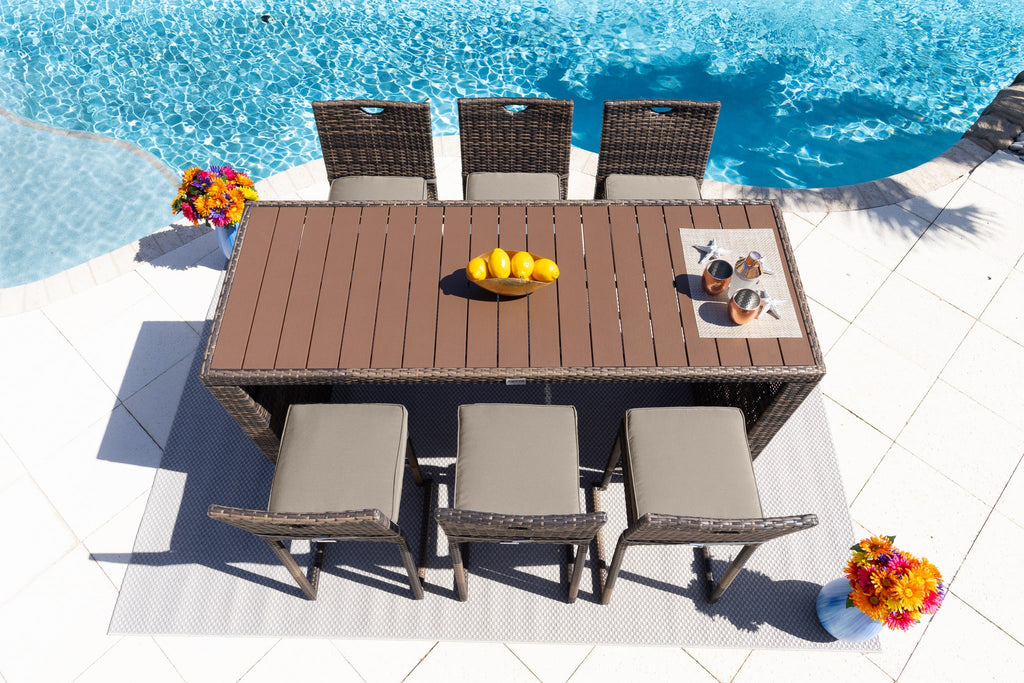 Sorrento 7-Piece Resin Wicker Outdoor Patio Furniture Bar Set in Brown w/Bar Table and Six Bar Chairs (Flat-Weave Brown Wicker, Sunbrella Canvas Taupe) - image 2 of 5