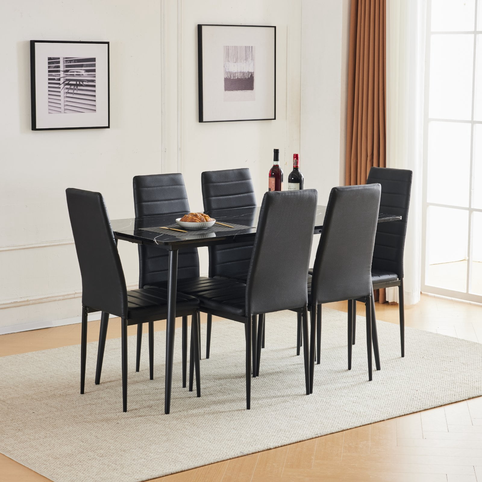 Ktaxon Dining Table Set for 6, Faux Marble Dining Room Table Set Dinner Table with PU Chairs for Home Kitchen Restaurant 55" Black