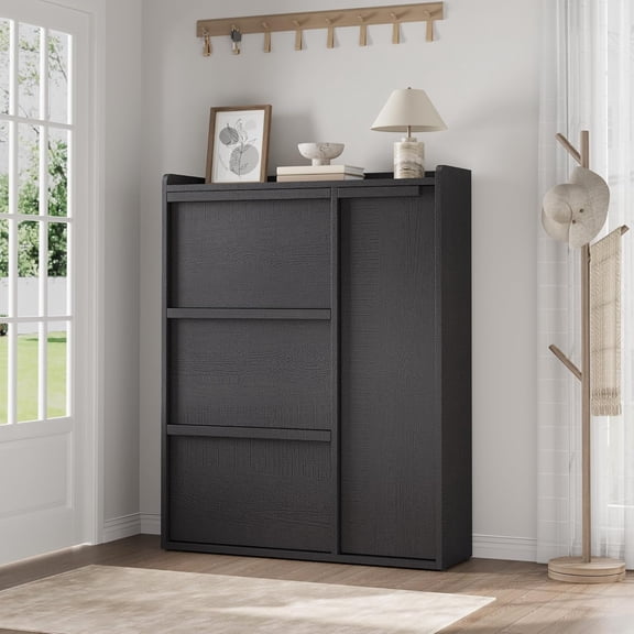 Shoe Storage Cabinet with 3 Flip Drawers Side Door Hidden Shoe Organizer with Adjustable Shelves Freestanding Wooden Shoe Cabinet for Entryway Hallway Living Room Black