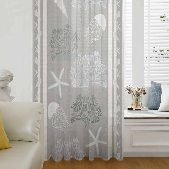 Gray Coastal Semi Sheer Curtains Drapes for Living Room, Bedroom, French Doors Window 72 Inches Long, Nautical Beach Summer Sea Starfish Coral Rod Pocket Chiffon Curtain Drapery Voile Drape Panel