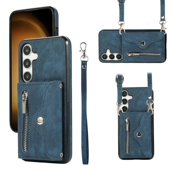 ELEHOLD Wallet Crossbody Case for Samsung Galaxy S23 FE with RFID Card Slots Zipper Pocket Kickstand Function Shockproof Galaxy S23 FE Purse Case with Detachable Shoulder Strap,Blue