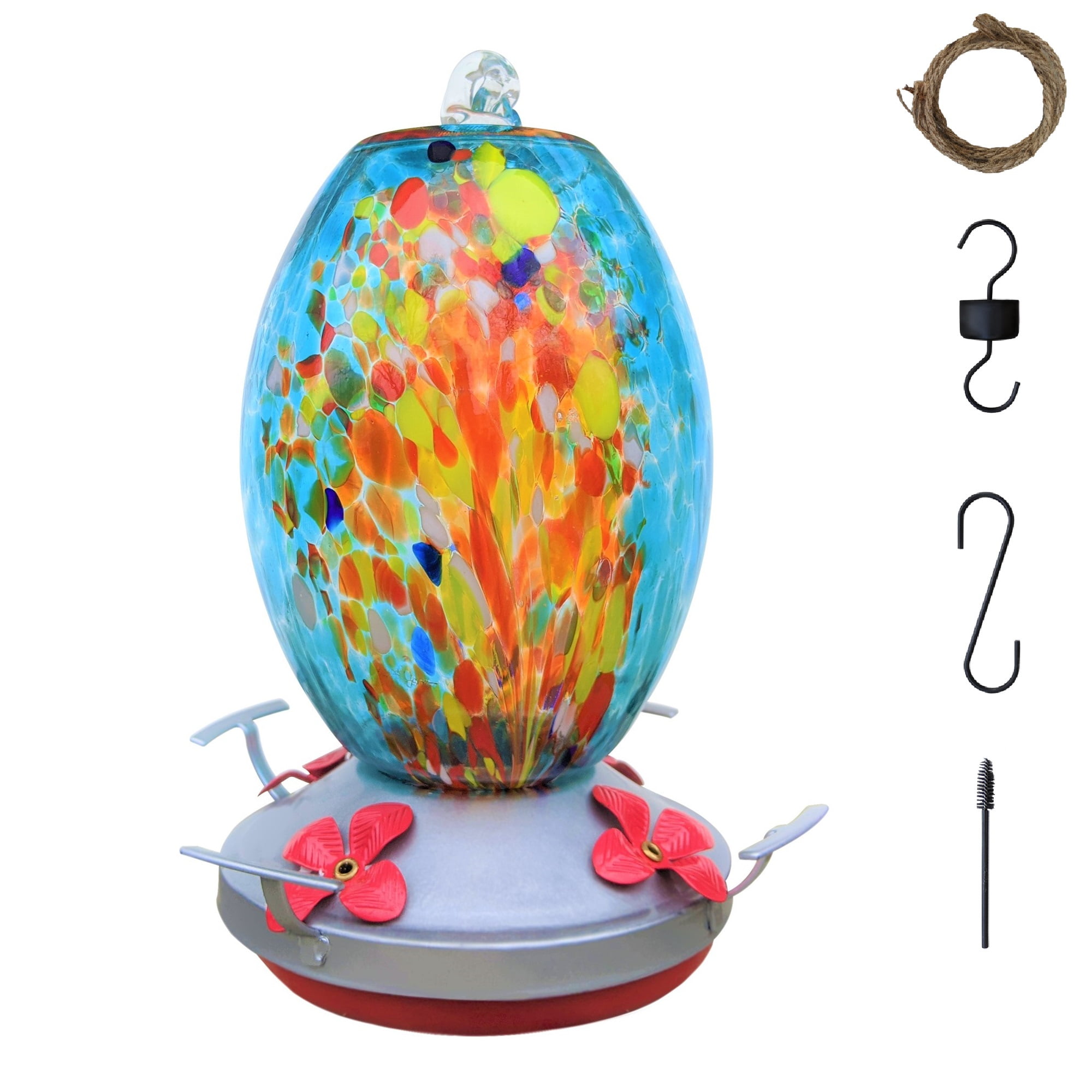 Hummingbird Feeder for Outdoors Handmade Glass with 4 Feeding ports