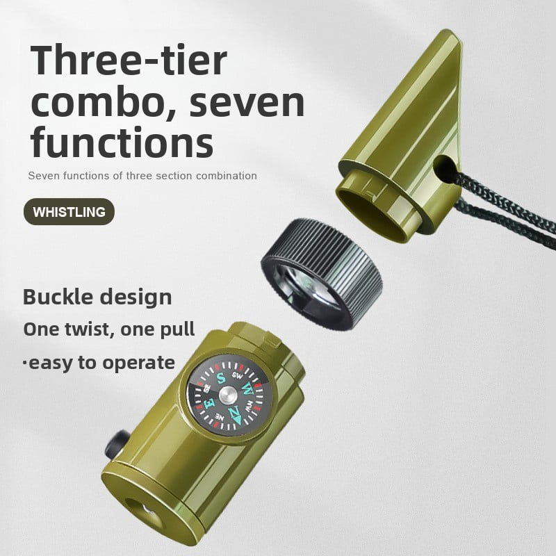 Survival signal whistle 7 in 1, bayonet design, simple operation, emergency compass, magnifying glass, flashlight, thermometer.