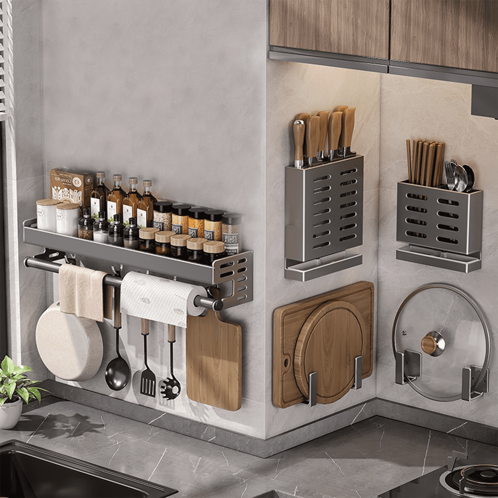 Mnplciea  Spice Rack Wall Mount with Paper Towel Holder and Hooks,  Hanging Spice Organizer for Seasonings, for Kitchen, Balcony, Bathroom, Laundry Room