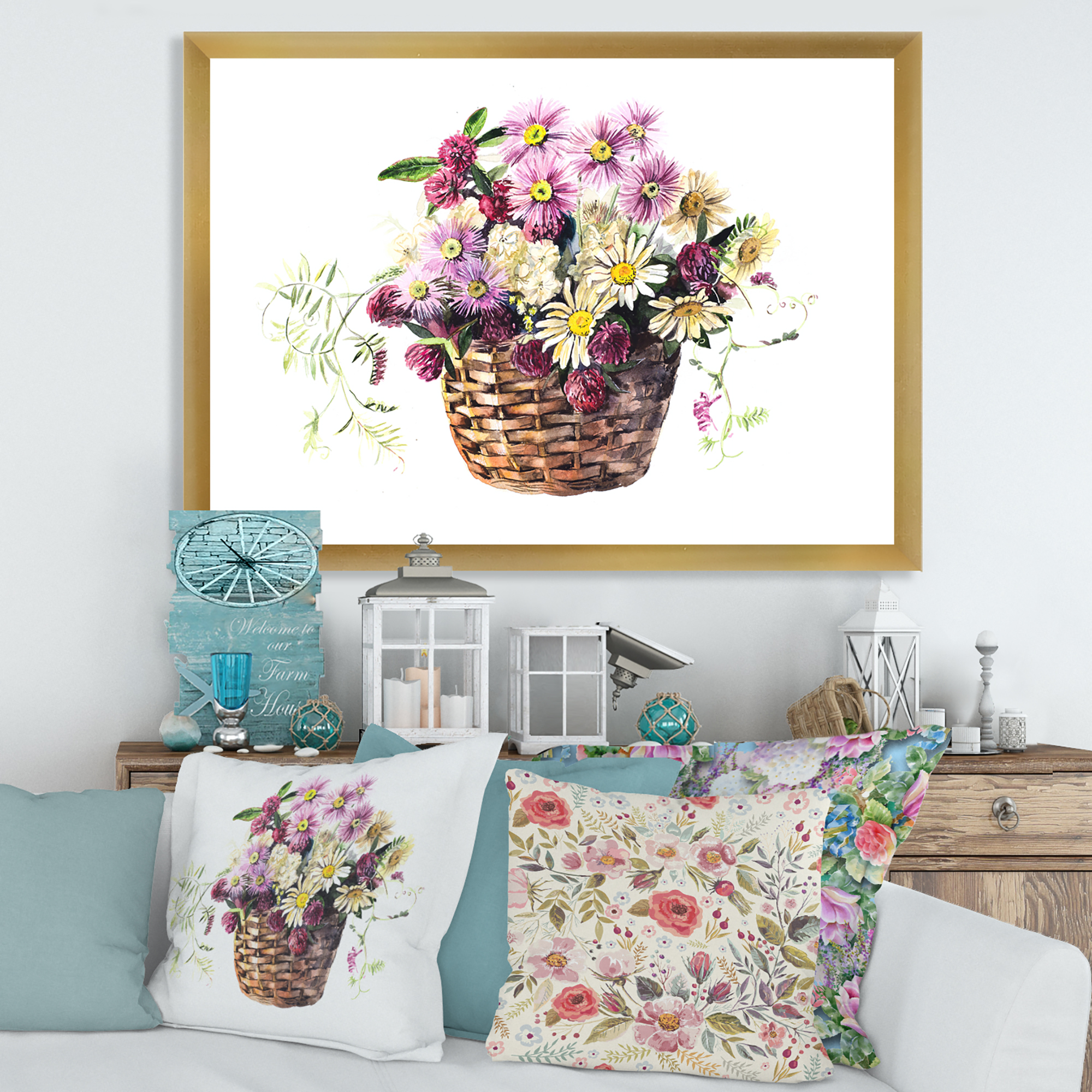 Designart 'The Basket Bouquet From Meadow Flowers' Traditional Framed Art Print
