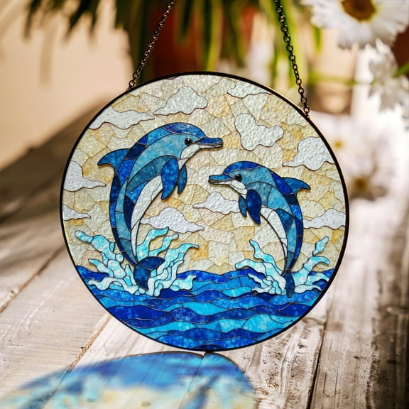 Blue Dolphins Jumping Ocean Round Stained Glass Suncatcher Window Hanging, Sea Lover Gift