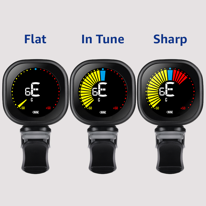 Guitar Tuner Rechargeable, Clip On Tuner with LCD Color Display with Guitar, Ukulele, Violin and Chromatic Tuning Modes, Tuners for Musical Instruments