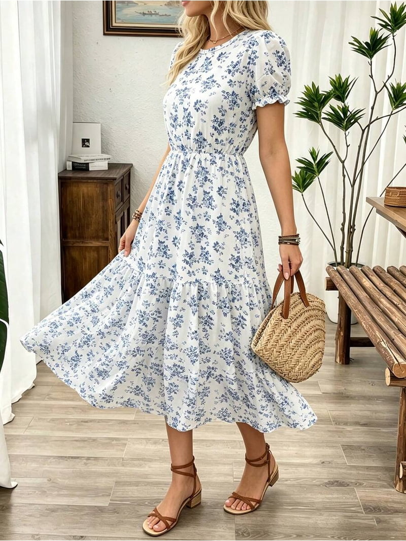 blue and white puff sleeve midi dress /// Blue And White Floral Print Ruffle Hem Midi Dress With Puffed Sleeves, Women's, Size: XL