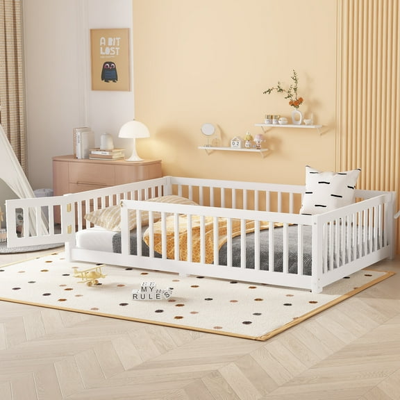 Bed Frame Full Size Bed Floor Bed with Safety Guardrails and Door for , White(Old SKU: W1580P154625),Platform Bed Frame